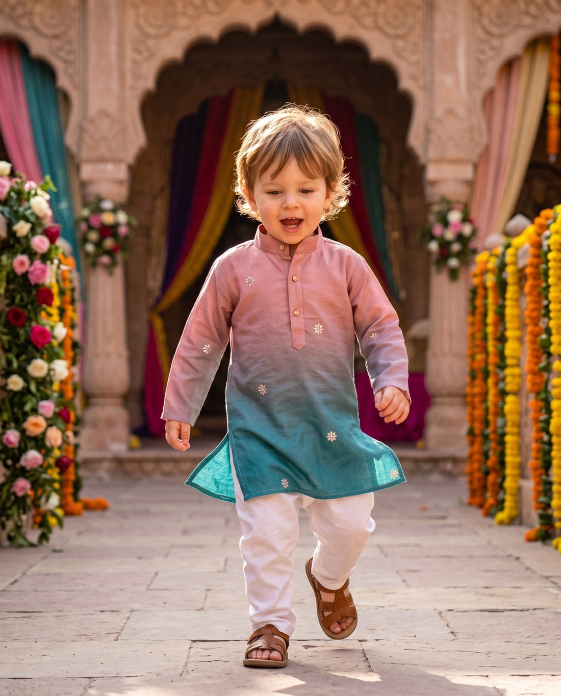 TryBuy pink and teal ombre floral motif kids kurta for 2–3 years, courtyard walking view