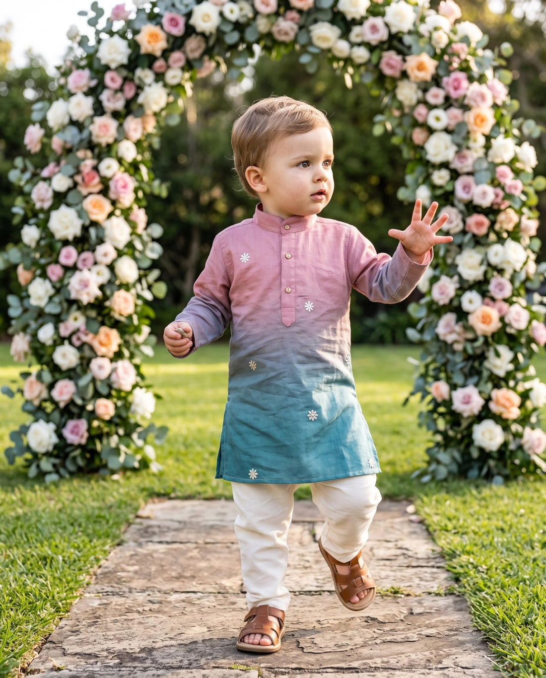 TryBuy pink and teal ombre floral motif kids kurta for 2–3 years, festive walking view