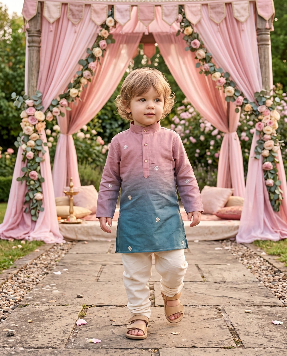 TryBuy pink and teal ombre floral motif kids kurta, 2–3 years, front view