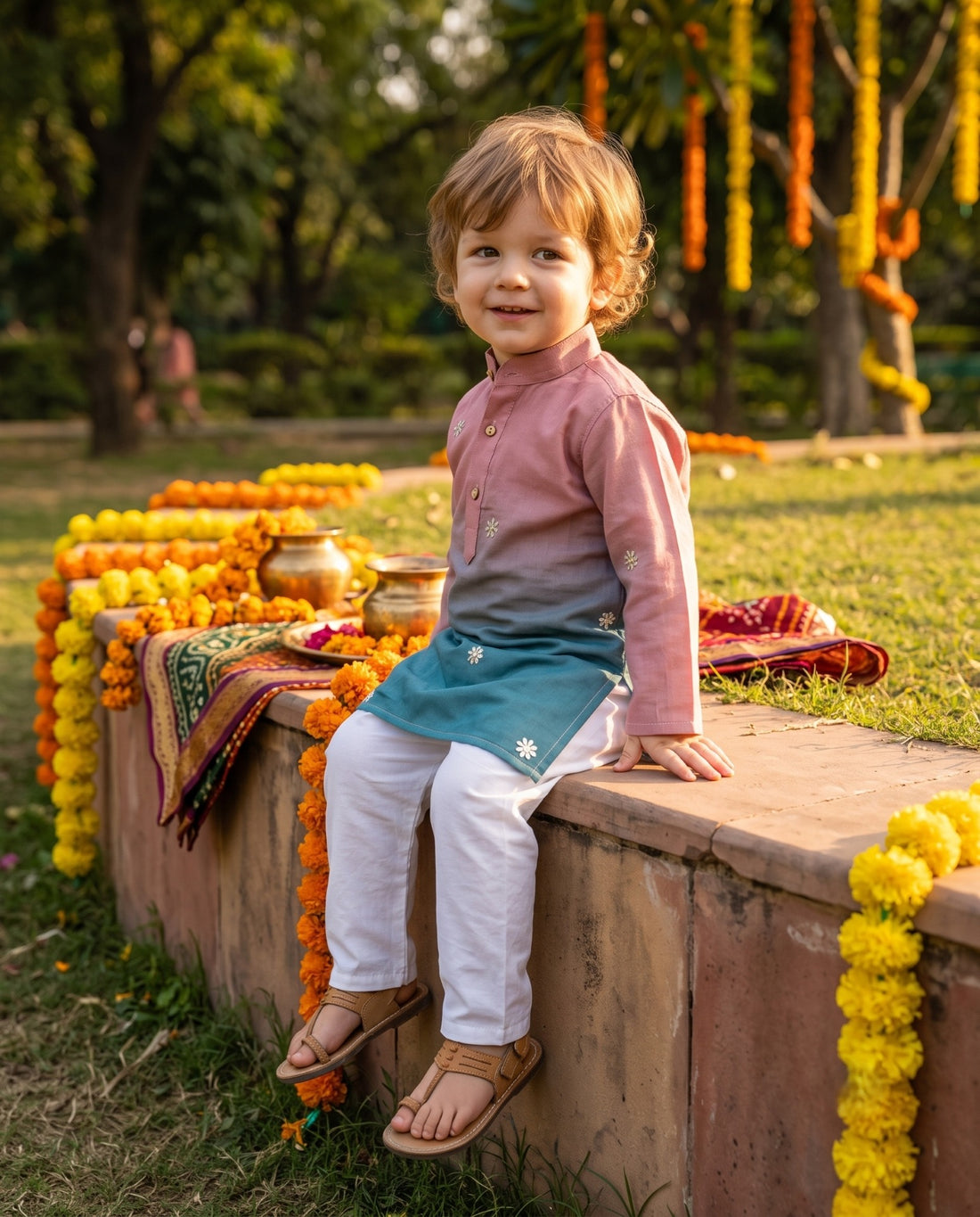 TryBuy pink and teal ombre floral motif kids kurta for 2–3 years, seated view
