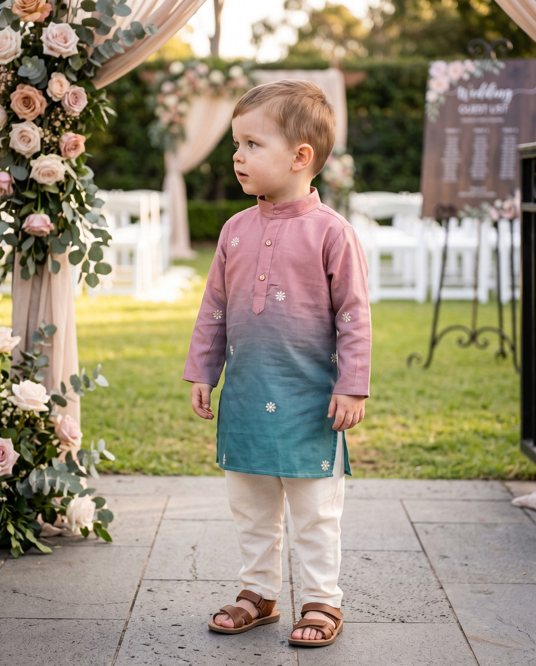TryBuy pink and teal ombre floral motif kids kurta for 2–3 years, side profile view