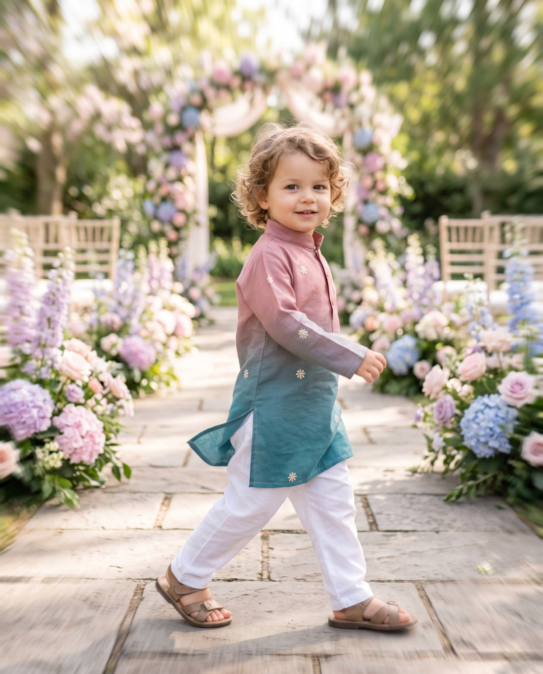 TryBuy pink and teal ombre floral motif kids kurta for 2–3 years, walking side view