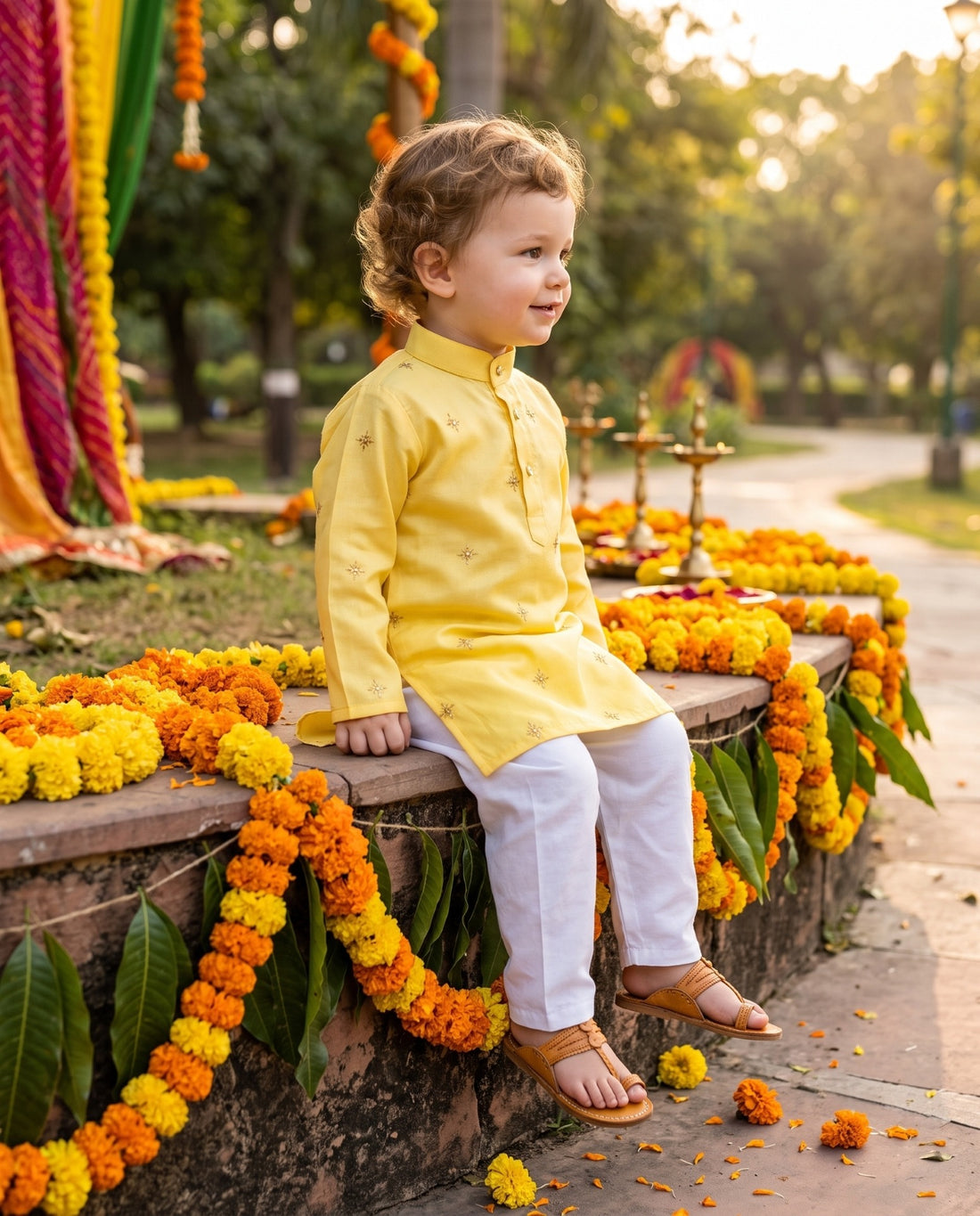 TryBuy TB_21114_KID, 2–3 years: Seated view showing long sleeves and mandarin collar on the yellow kids kurta