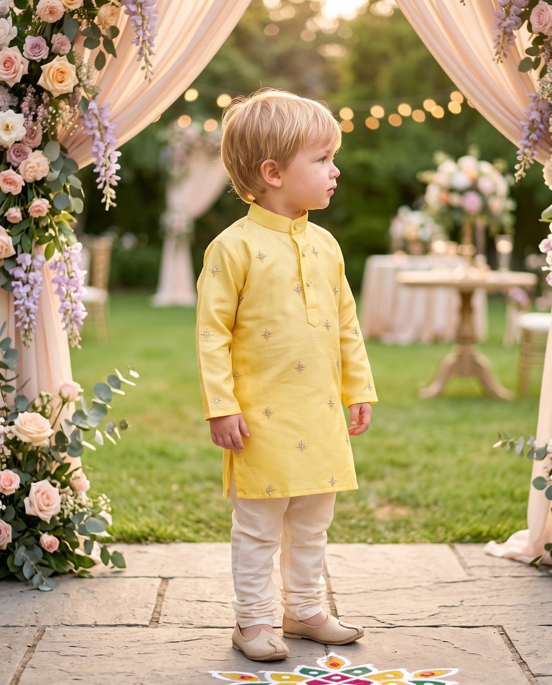 TryBuy TB_21114_KID, 2–3 years: Side profile of the yellow boys kurta with gold-tone embroidered motifs