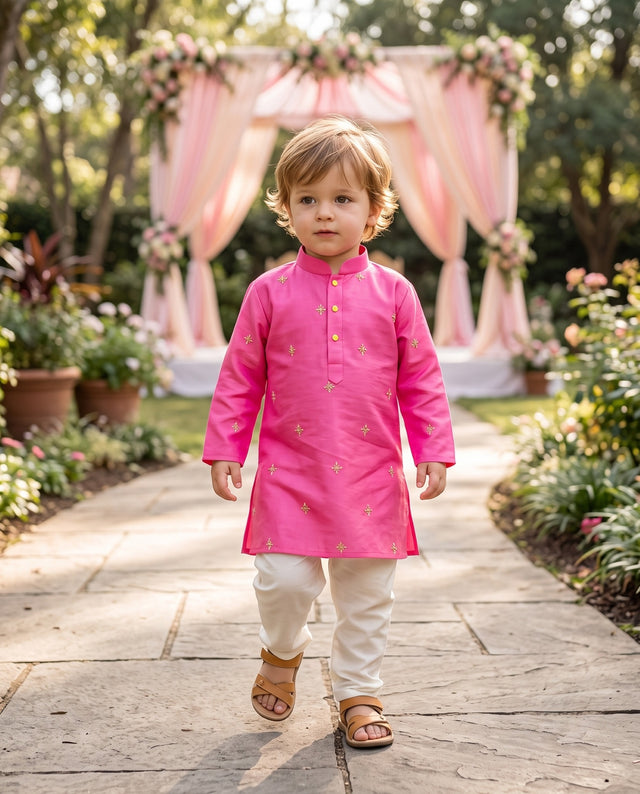 TryBuy magenta embroidered kids kurta for boys aged 2–3 years, front walking view