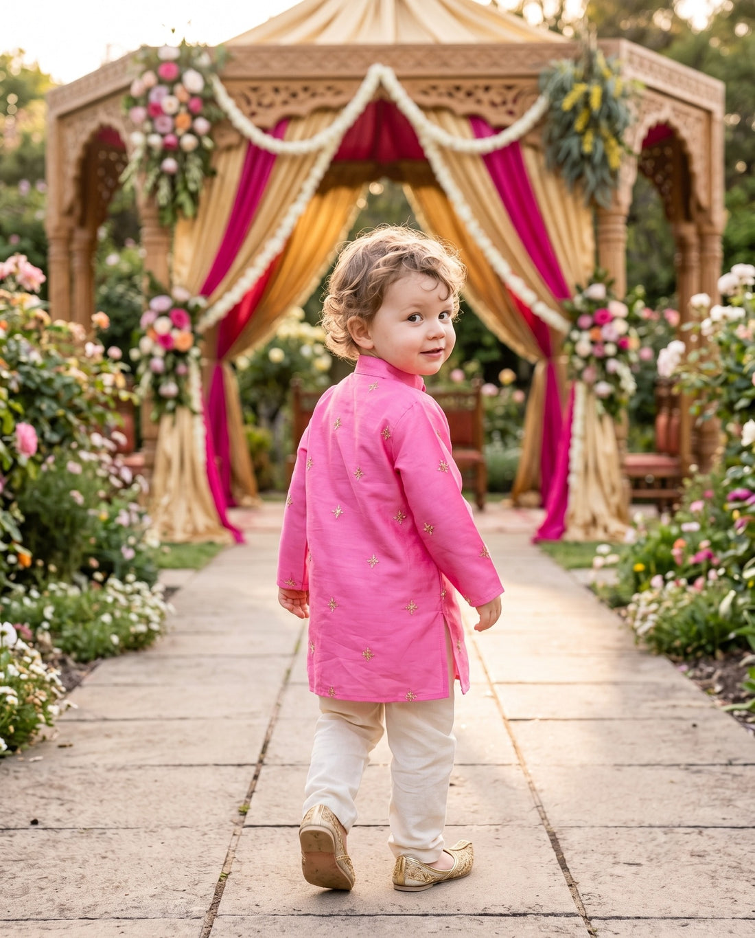 TryBuy magenta embroidered boys kurta, 2–3 years, back view of the magenta kurta with side slits