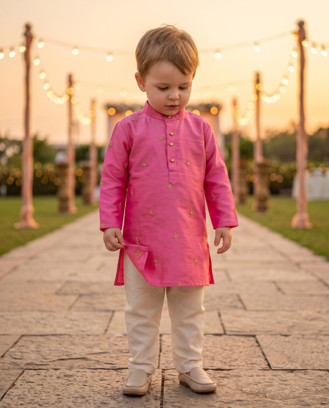 TryBuy magenta embroidered boys kurta, 2–3 years, front view highlighting scattered gold motifs