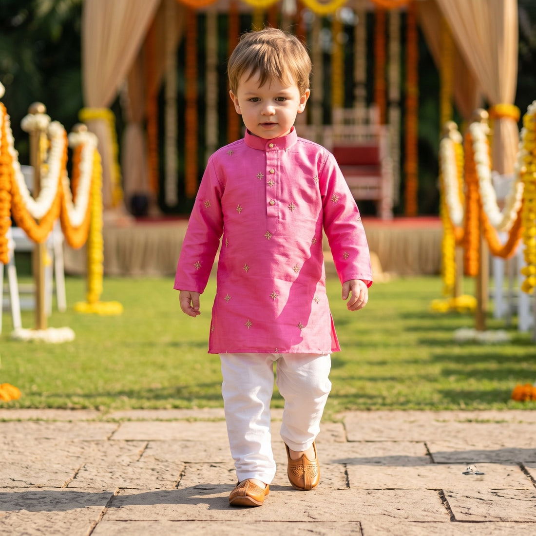 TryBuy magenta embroidered boys kurta, 2–3 years, full front view with mandarin collar and long sleeves
