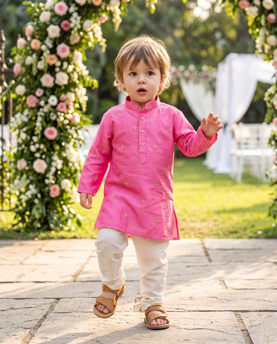 TryBuy magenta embroidered boys kurta, 2–3 years, garden lifestyle view showing the full kurta