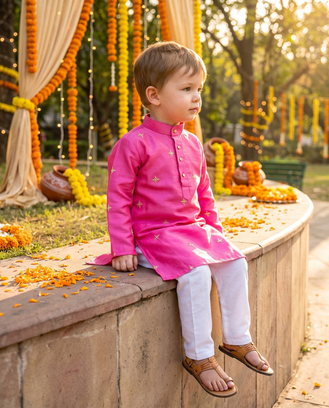 TryBuy magenta embroidered boys kurta, 2–3 years, seated view showing the kurta silhouette