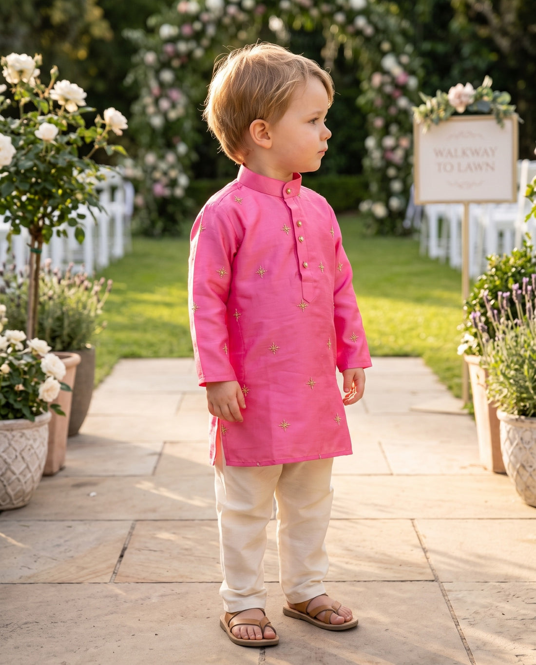 TryBuy magenta embroidered boys kurta, 2–3 years, side profile showing the straight hem and long sleeves
