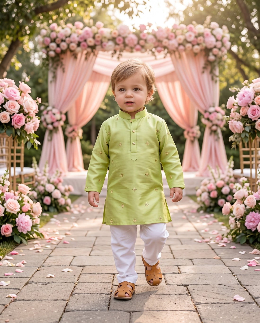 TryBuy lime green embroidered boys kurta for 2–3 years, full front view with mandarin collar and long sleeves