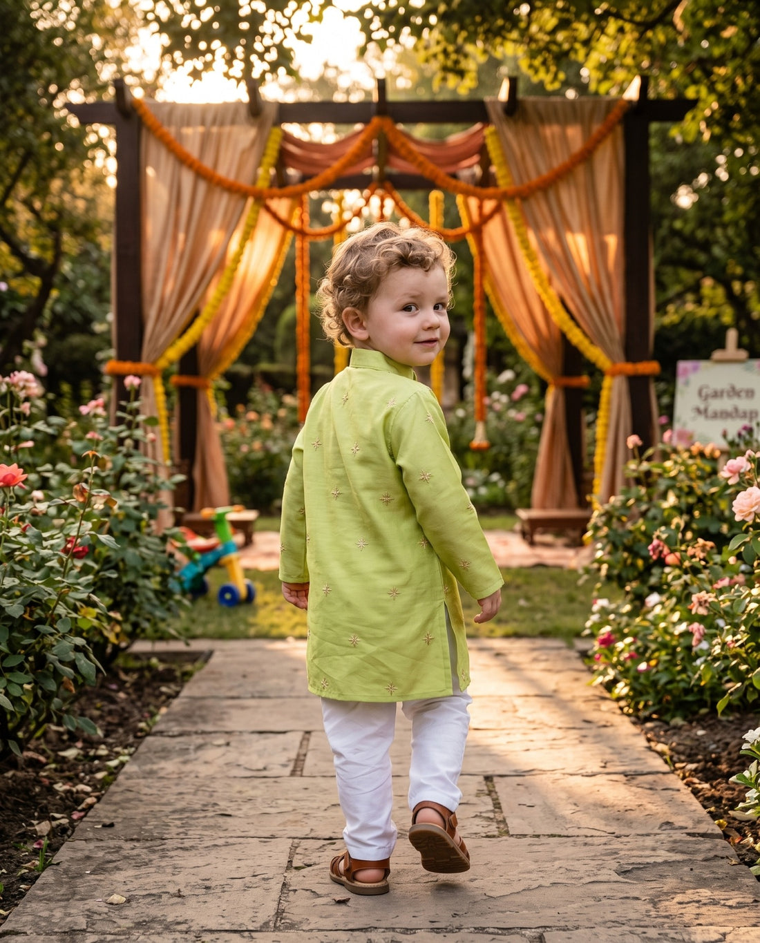 Back view of TryBuy lime green kids kurta showing garment length, sleeve shape and side openings