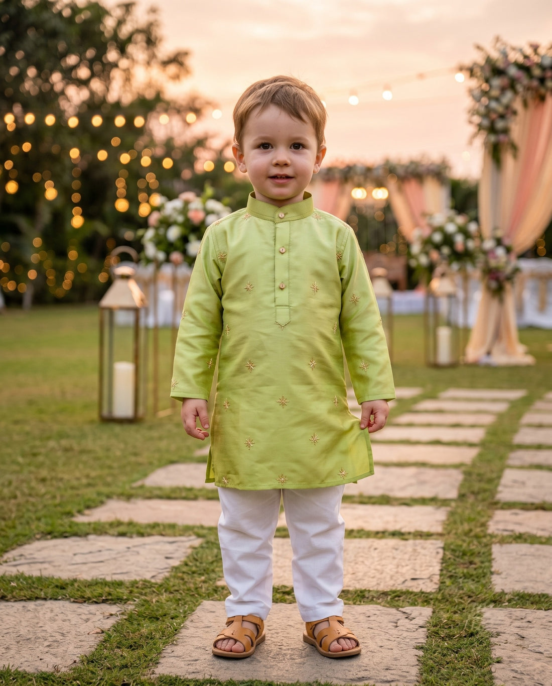 Full front view of TryBuy lime green gold-motif kurta for boys aged 2–3 at an evening celebration