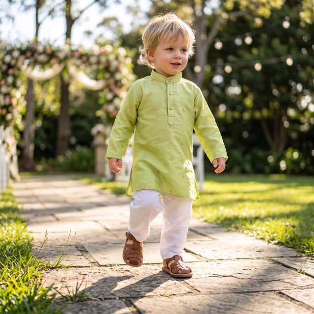 Front walking view of TryBuy lime green boys kurta for ages 2–3 with mandarin collar and button placket
