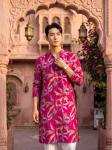 Men's Fuchsia Botanical Print Viscose Rayon Blend Kurta 5