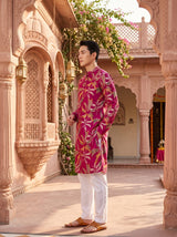 Men's Fuchsia Botanical Print Viscose Rayon Blend Kurta 6