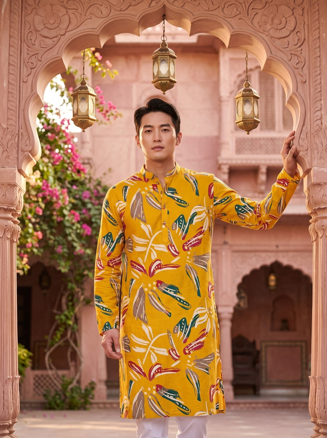 Back view of TryBuy TB_21138 men's mustard yellow kurta, showing the all-over multicolor botanical print and full sleeves.