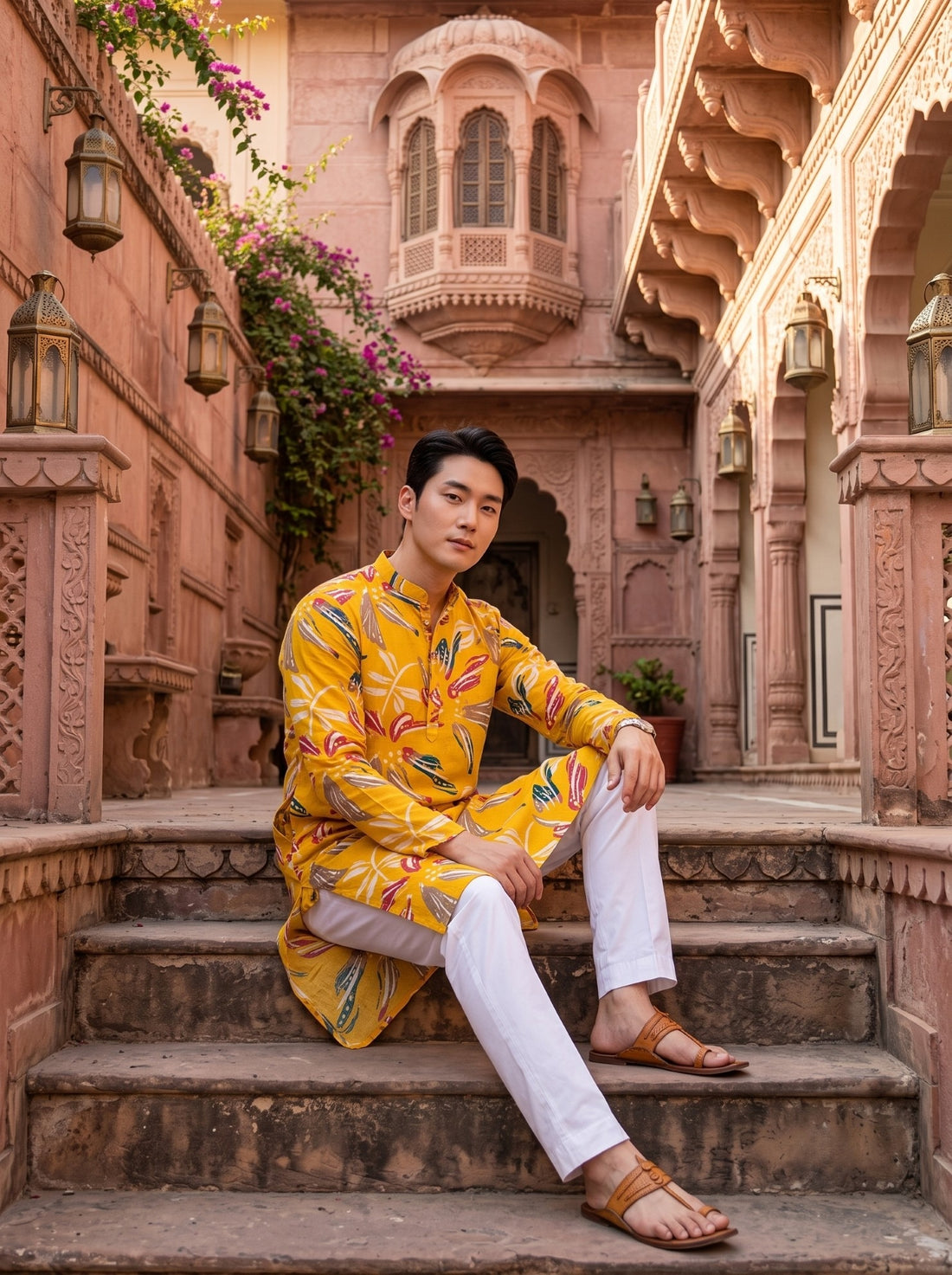 TryBuy men's mustard yellow botanical print kurta TB_21138, front lifestyle view with mandarin collar and two side pockets.