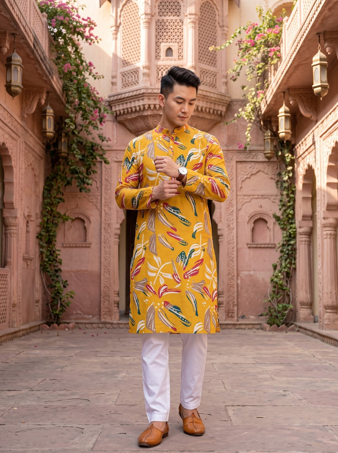 TryBuy TB_21138 mustard botanical-print kurta, seated lifestyle view showing the long regular-fit silhouette and side slit.