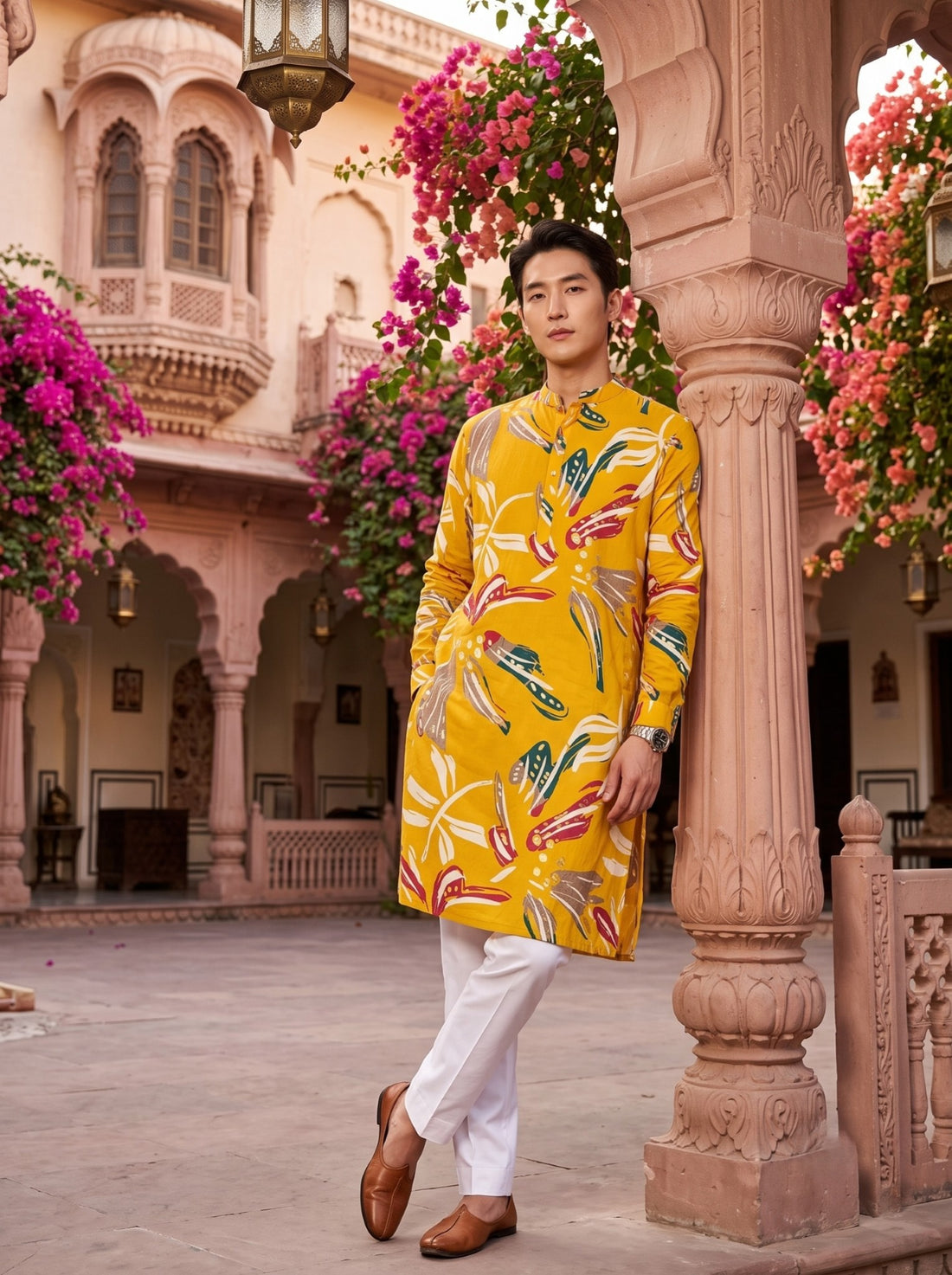 TryBuy TB_21138 mustard botanical-print kurta, three-quarter full-length view with mandarin collar, side slit and white trousers.