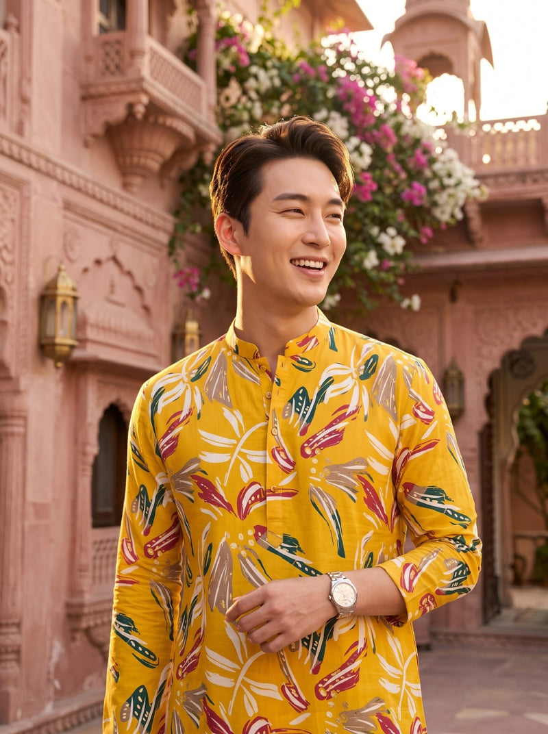 Men's Mustard Yellow Botanical Print Viscose Rayon Blend Kurta 2