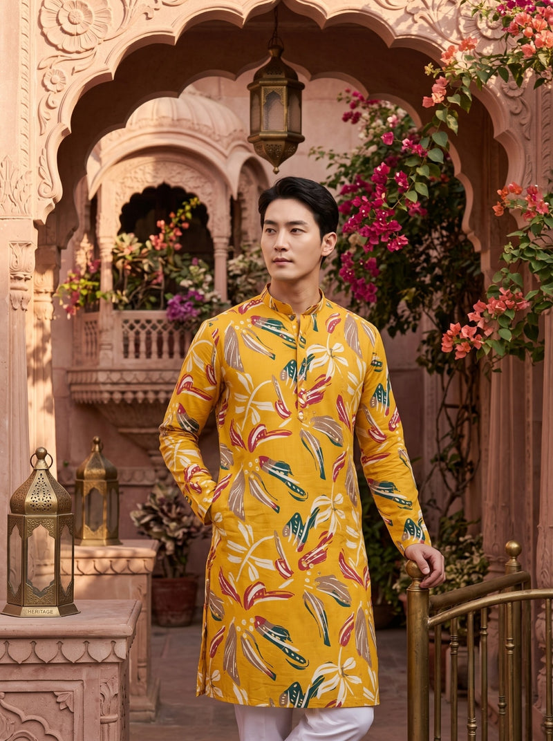 Men's Mustard Yellow Botanical Print Viscose Rayon Blend Kurta 8