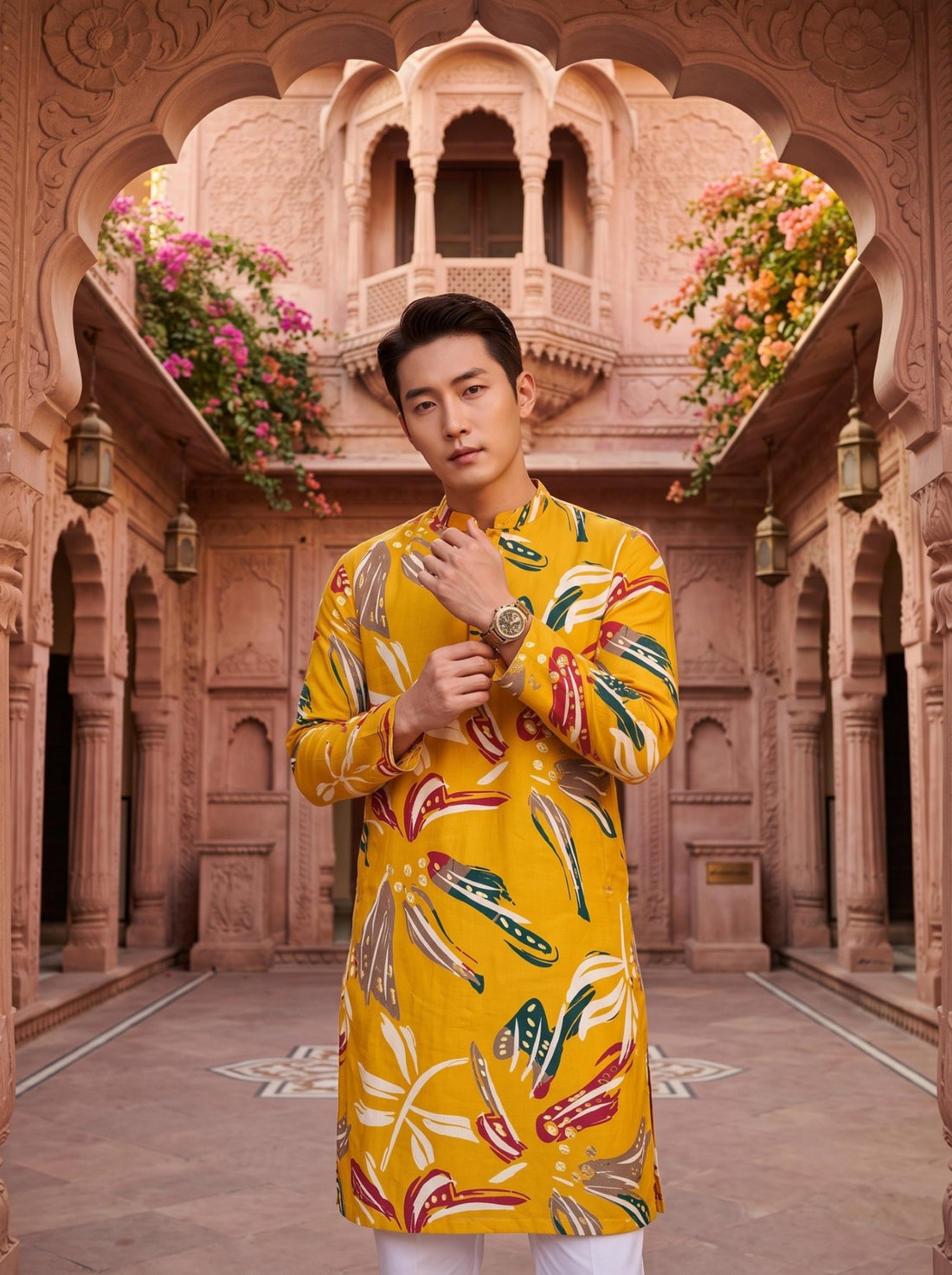 TryBuy TB_21138 men's mustard viscose-rayon blend kurta, full-length front view with multicolor botanical print and white trousers.