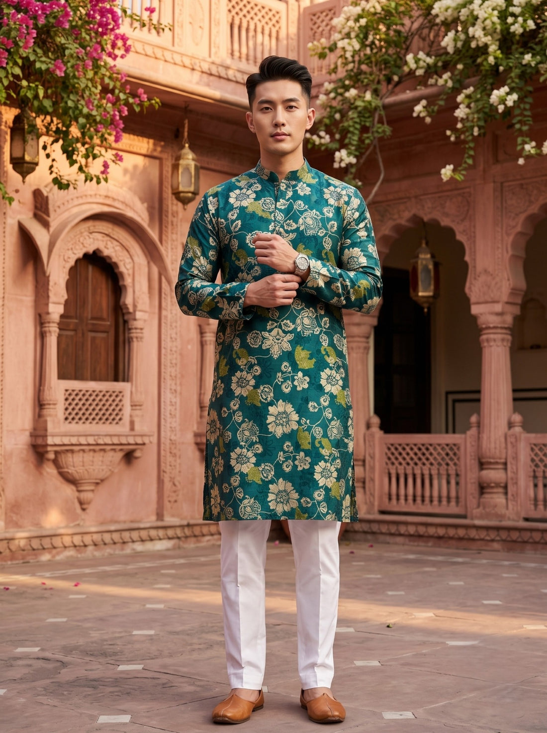 TryBuy TB_21139 men's teal green botanical floral print kurta, full-length front view with white trousers, full sleeves and straight hem.
