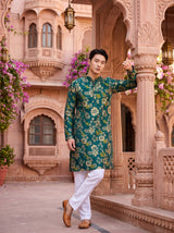 Men's Teal Green Botanical Floral Print Viscose Rayon Kurta 4