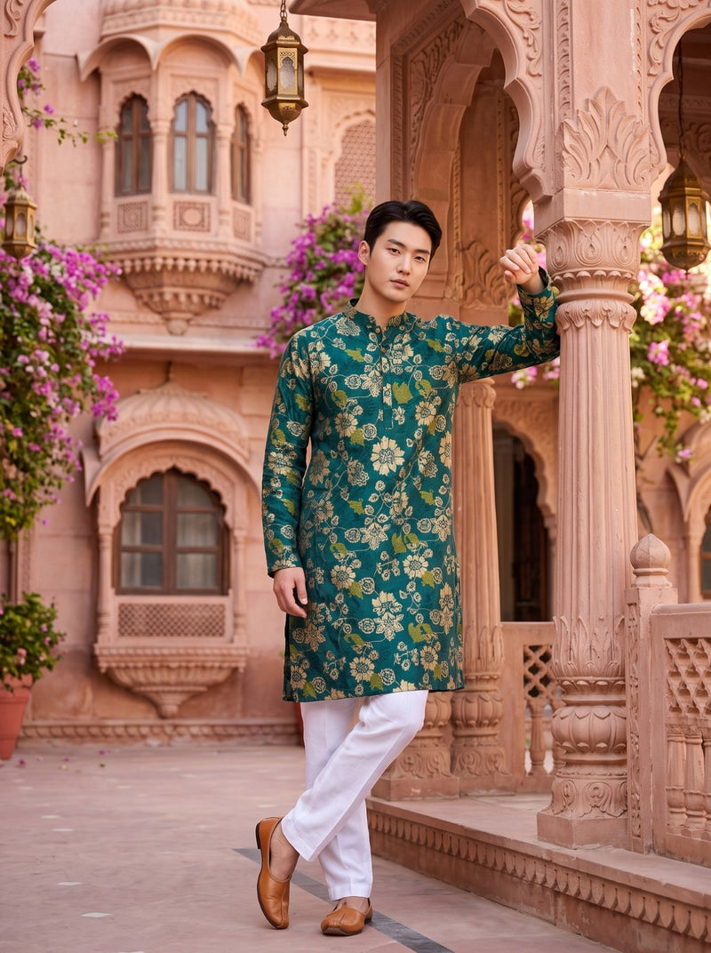Men's Teal Green Botanical Floral Print Viscose Rayon Kurta 4