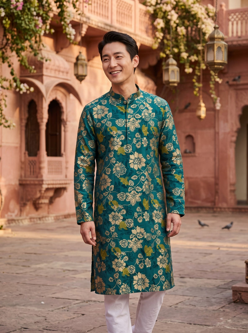 Men's Teal Green Botanical Floral Print Viscose Rayon Kurta 1