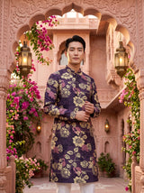Men's Plum Purple Floral Peacock Print Viscose Rayon Blend Kurta 6