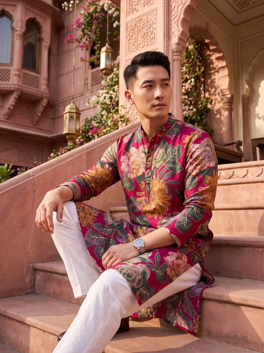 TryBuy TB_21141 men's fuchsia magenta floral print kurta, seated festive lifestyle view styled with white ethnic trousers.