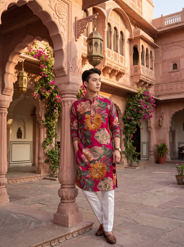 TryBuy TB_21141 men's fuchsia magenta multicolour floral kurta, three-quarter full-length view showing the long silhouette and side slit.