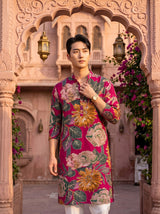 Men's Rust Red Multicolour Floral Print Viscose Rayon Blend Kurta 6