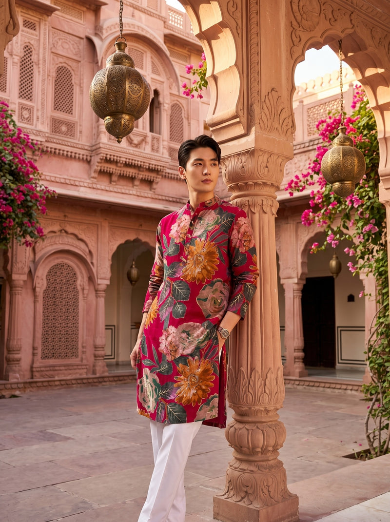 Men's Rust Red Multicolour Floral Print Viscose Rayon Blend Kurta 12