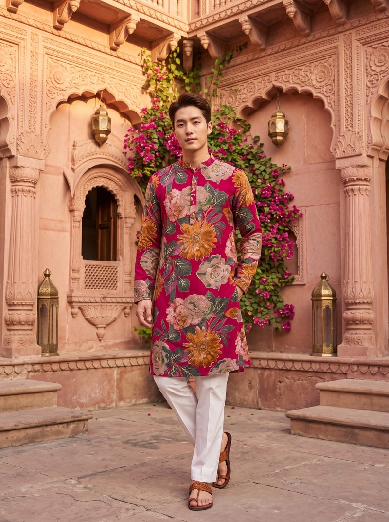 Men's Rust Red Multicolour Floral Print Viscose Rayon Blend Kurta 1