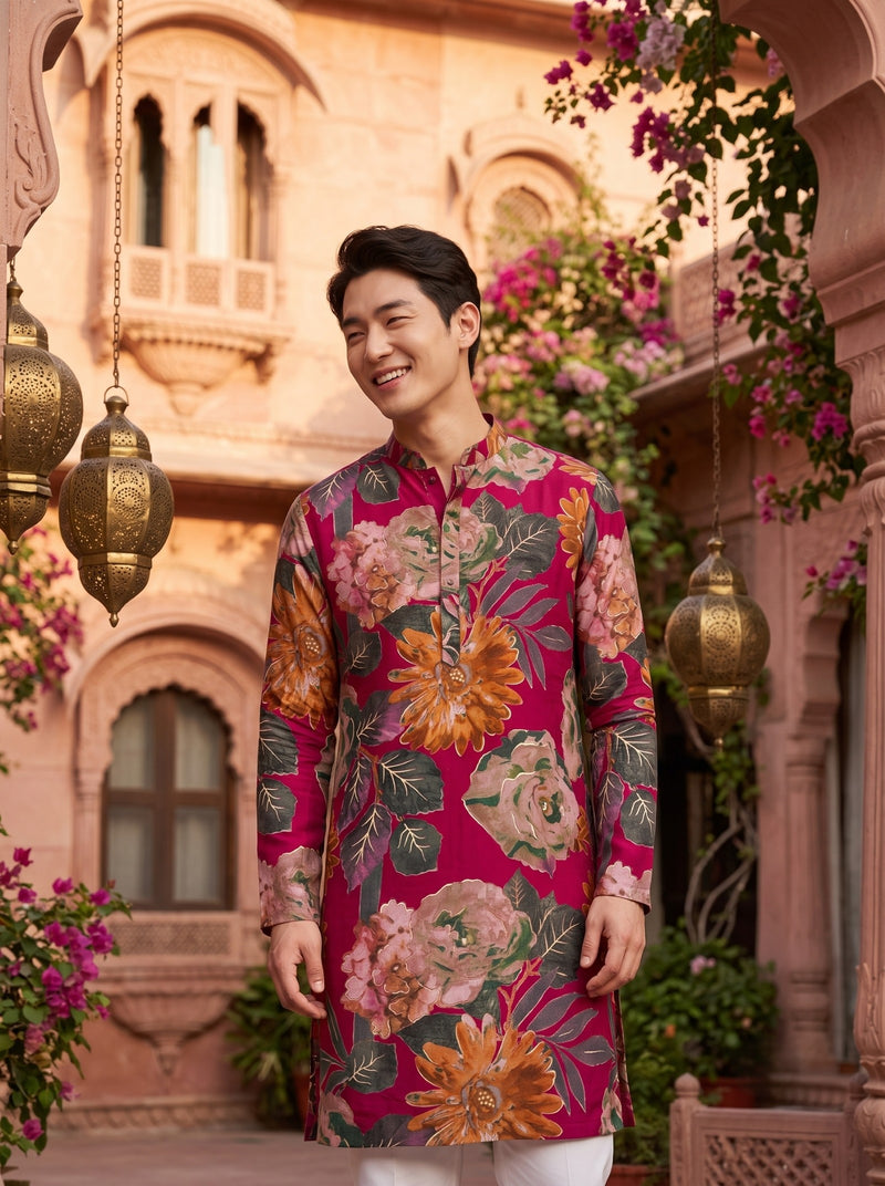 Men's Rust Red Multicolour Floral Print Viscose Rayon Blend Kurta 3