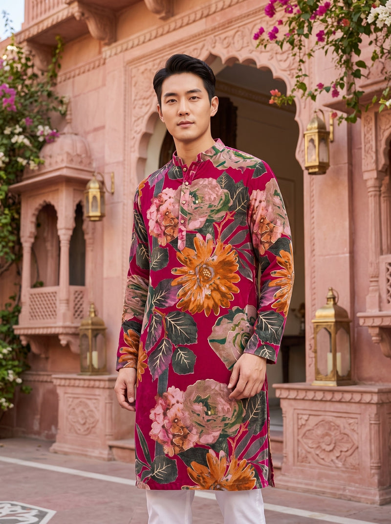 Men's Rust Red Multicolour Floral Print Viscose Rayon Blend Kurta 8