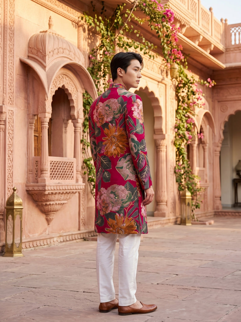 Men's Rust Red Multicolour Floral Print Viscose Rayon Blend Kurta 7