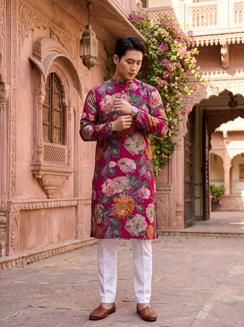 Men's Rust Red Multicolour Floral Print Viscose Rayon Blend Kurta 10