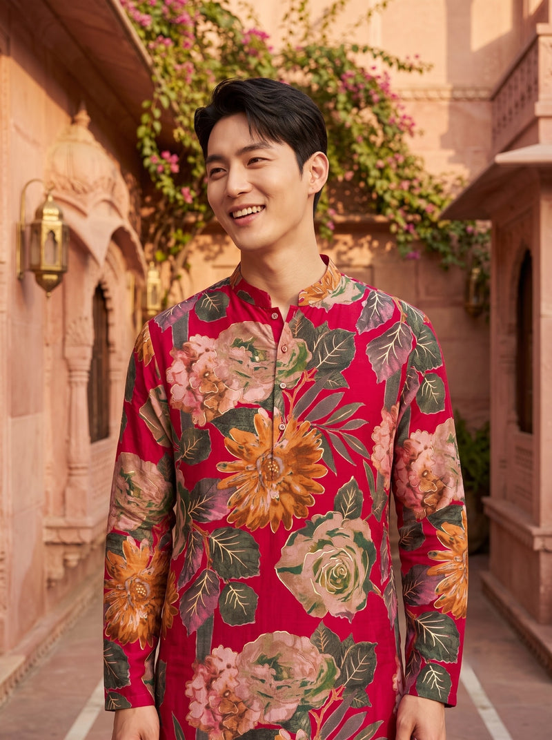 Men's Rust Red Multicolour Floral Print Viscose Rayon Blend Kurta 2