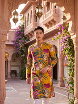 Men's Mustard Yellow Multicolour Floral Print Viscose Rayon Blend Kurta 6