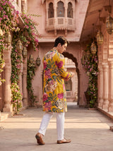 Men's Mustard Yellow Multicolour Floral Print Viscose Rayon Blend Kurta 5
