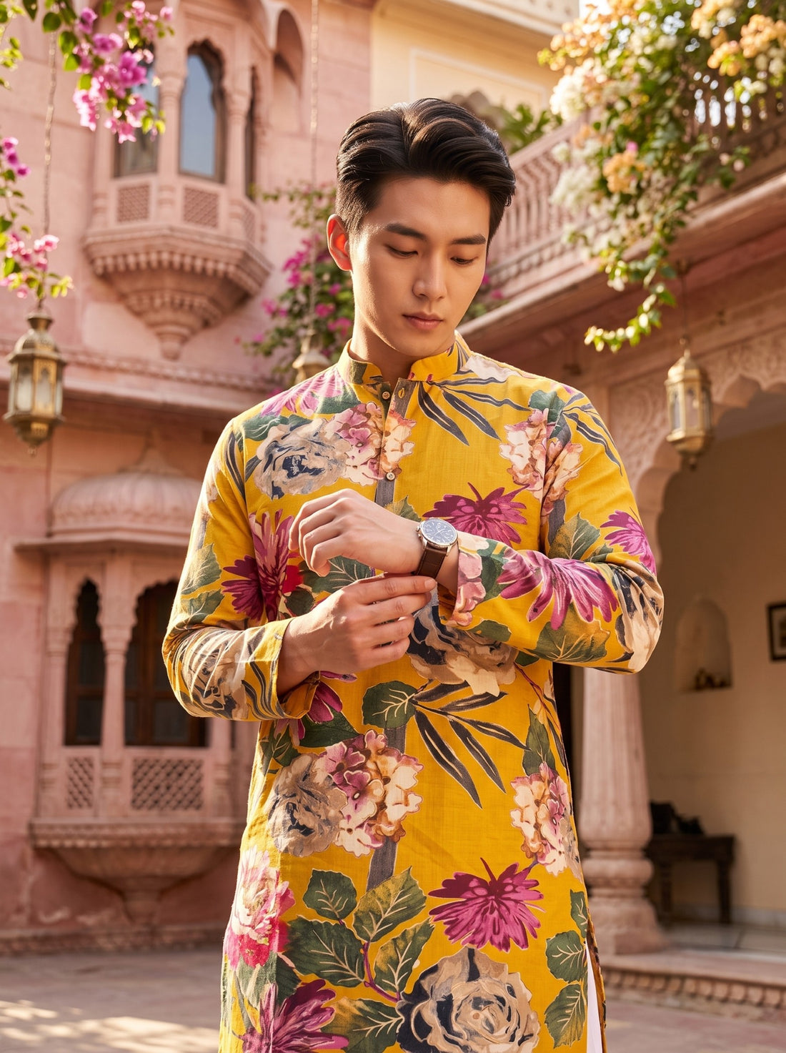 TryBuy TB_21142 men's mustard multicolour floral print kurta, upper-body detail highlighting the mandarin collar, front placket, sleeve and statement floral pattern.