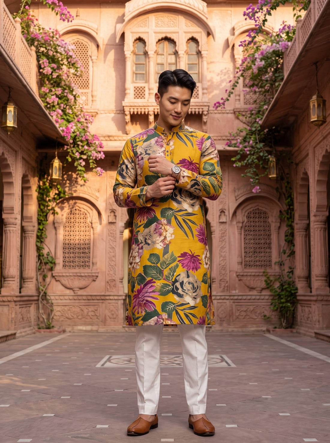 TryBuy TB_21142 men's mustard multicolour floral print kurta, front standing detail emphasizing the oversized floral motifs, mandarin collar and full sleeves.