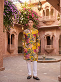 Men's Mustard Yellow Multicolour Floral Print Viscose Rayon Blend Kurta
