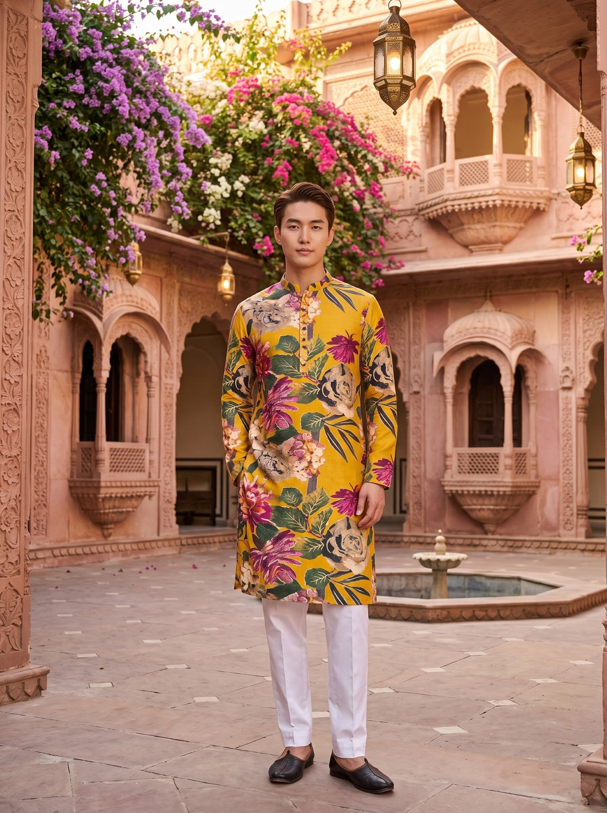 Men's Mustard Yellow Multicolour Floral Print Viscose Rayon Blend Kurta