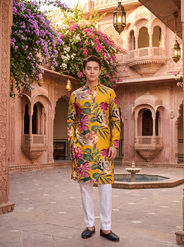 TryBuy TB_21142 men's mustard floral print kurta, full-front view with mandarin collar, full sleeves and oversized multicolour botanical motifs.